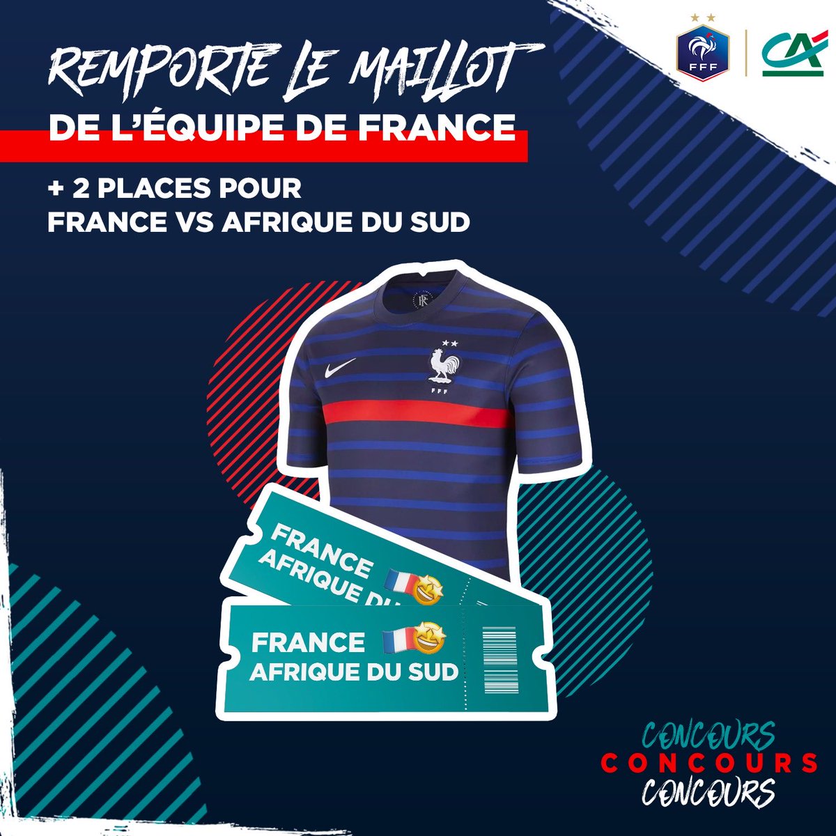 🎁 À GAGNER :

👕 Le maillot de l’équipe de France 
✚
🎟 Deux places pour FRANCE 🇫🇷 - 🇿🇦 AFRIQUE DU SUD mardi à LILLE
 
🔁 RT + FOLLOW <a href="/tousuncotefoot/">OnaTousunCôtéFoot ⚽️</a> pour participer
 
🍀 Tirage au sort demain soir.