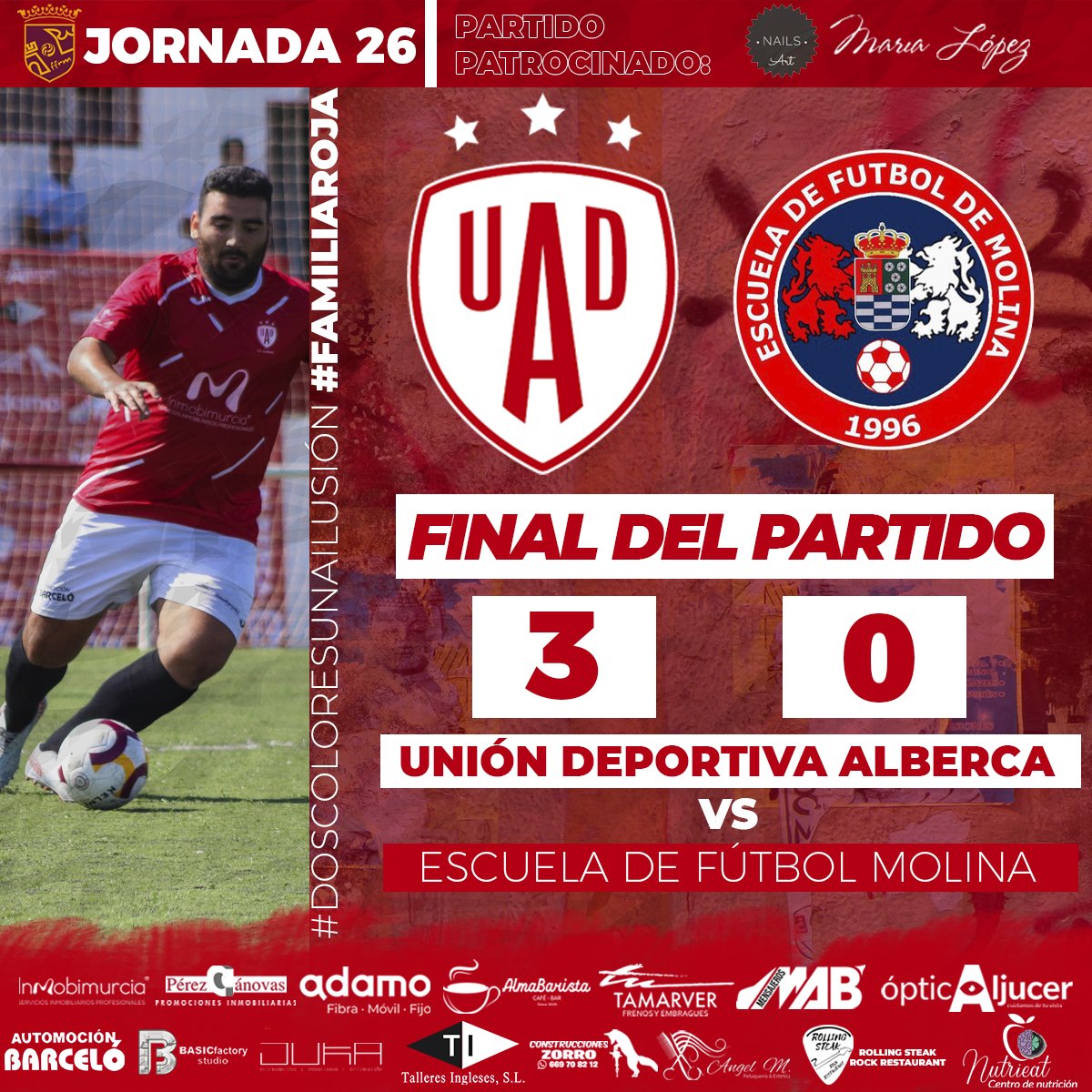 ➕3️⃣ puntos ¡¡GRACIAS A TODOS POR VENIR!!

Otra victoria del equipo que sigue sumando de 3 en 3.

⚽ 3-0 (Manu Peñas y Pitín x2) en el Polideportivo Municipal de La Alberca.

🤝 Partido patrocinado por NAILS ART - MARÍA LÓPEZ

#DosColoresUnaIlusión #FamiliaRoja⚽❤️