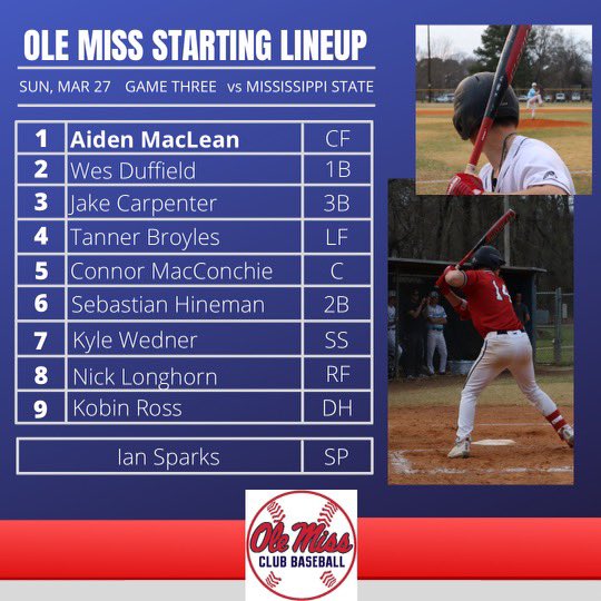 Lineup for the rubber match against <a href="/HailStateClubBB/">Mississippi State Club Baseball</a>.