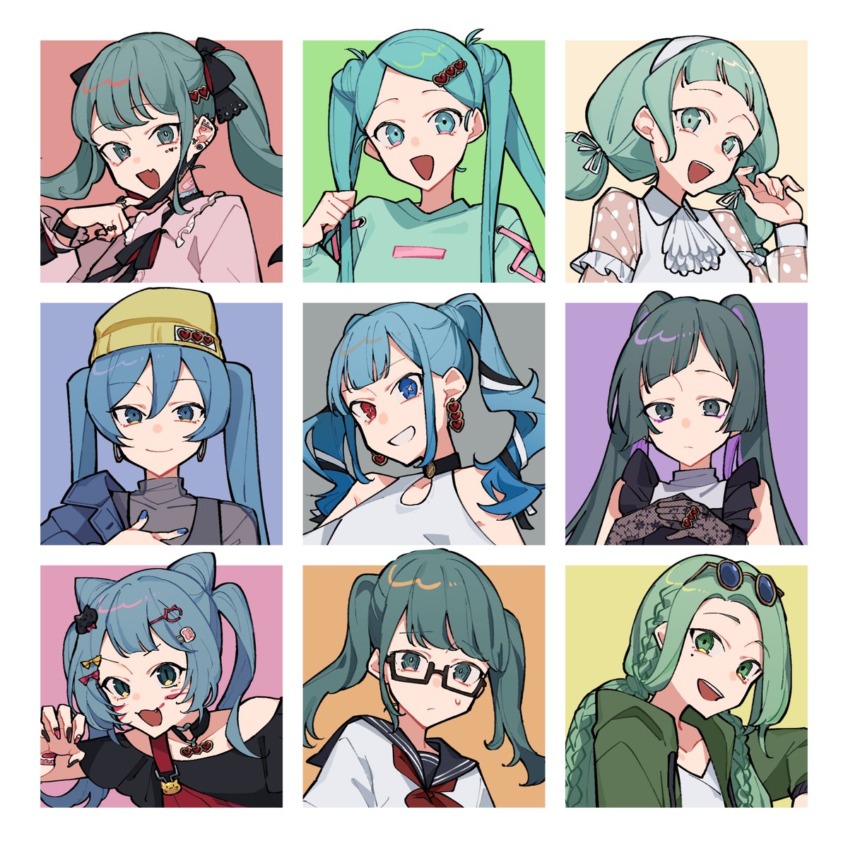 hatsune miku twintails heterochromia multiple girls 6+girls eyewear on head shirt smile  illustration images