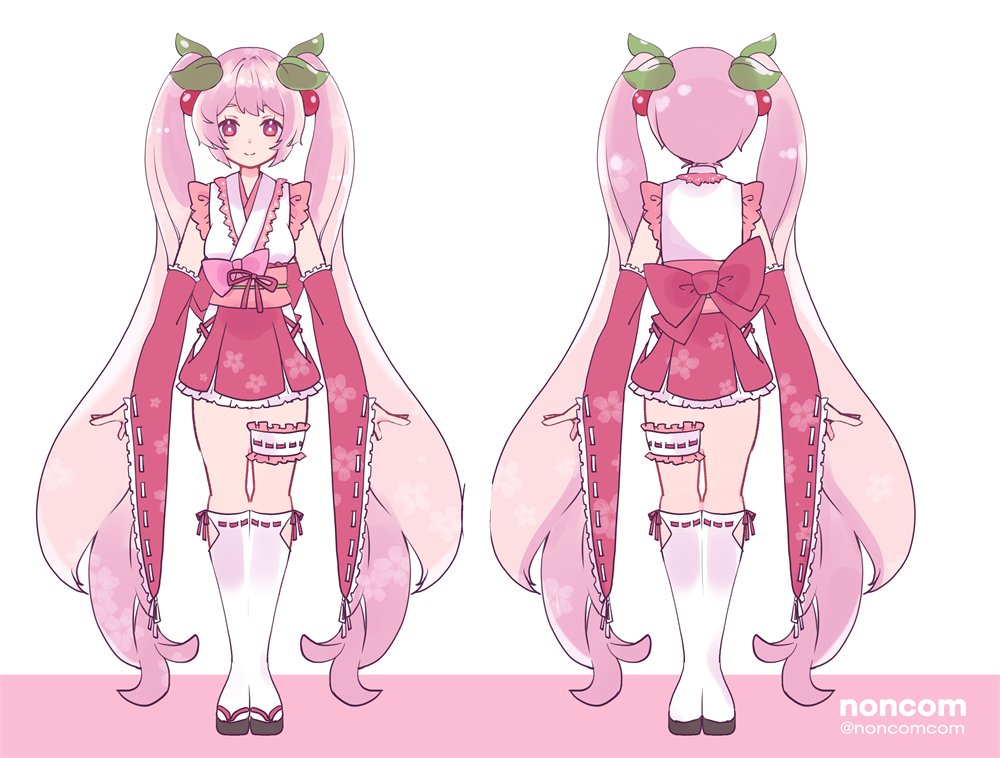 hatsune miku ,sakura miku 1girl pink hair twintails long hair pink eyes detached sleeves very long hair  illustration images