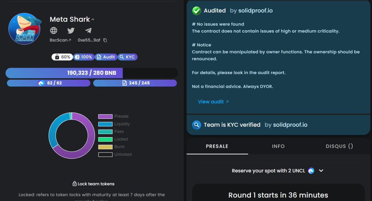 DjPrestigeUk's tweet photo. ⚡️Spotted this PreSale by @metashark_tw⚡️

KYC + Audit + renounced owner!

Big things planned for this including,
-Top 1 dextools, 
-CMC and CG listing within 12hrs,
Huge Influencer marketing

Almost sold out!

Link- https://t.co/XzHBAKEz7y
Insta -https://t.co/trNLhK1OMu
DYOR NFA https://t.co/kuWLarHkUI