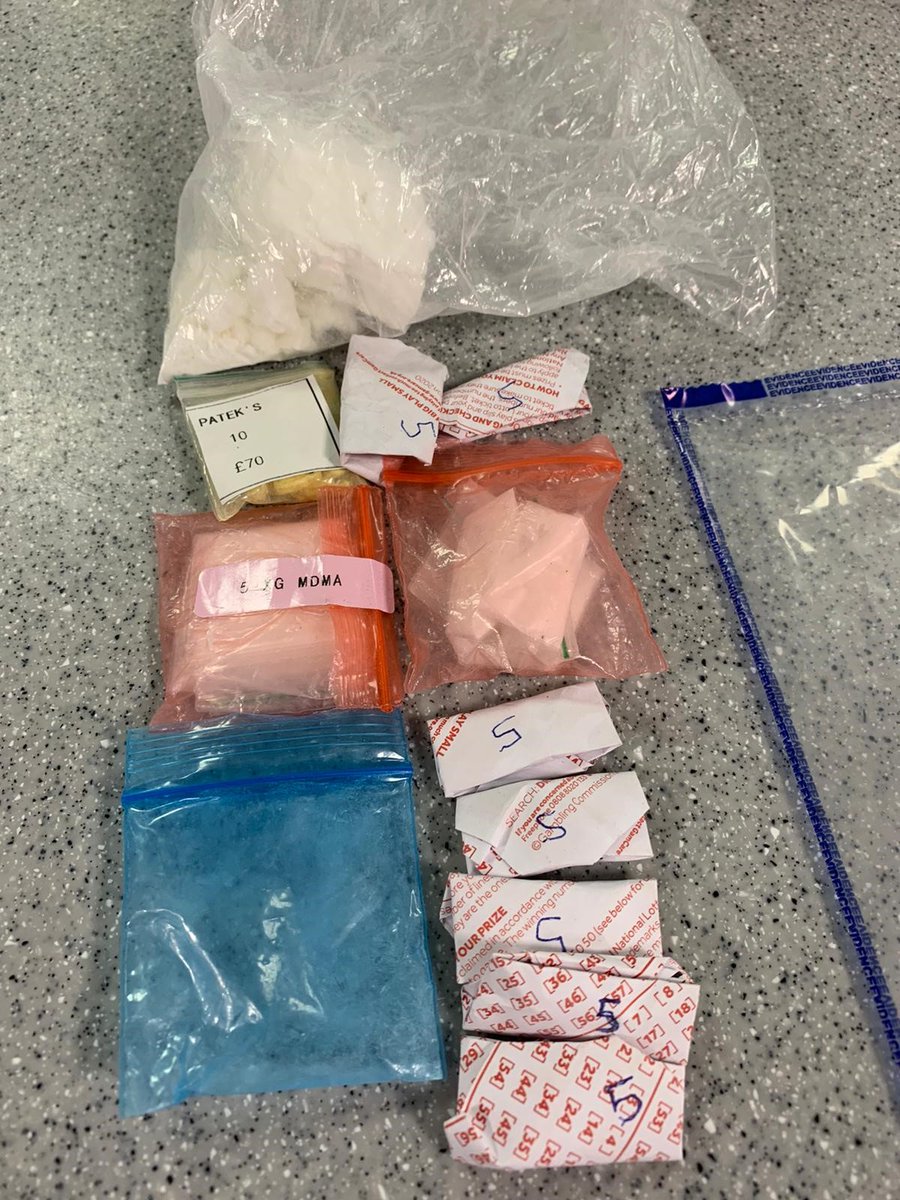 MPSRTPC's tweet photo. Today South RPT B2 stopped a vehicle for #excessspeed as part of #FATAL4. Driver is disqualified from driving. Was drug tested and positive for cocaine and cannabis. When searched they were concealing the below, all believed to be Class A drugs. Enquiries ongoing...... https://t.co/KASHawfdU6
