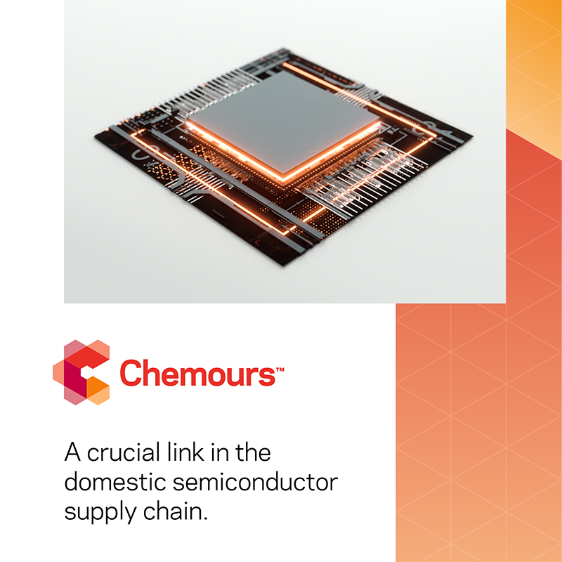 chemours's tweet photo. We are the only domestic producer of an essential material without which semiconductor manufacturing cannot securely be onshored. Learn more about Chemours' role in the semiconductor supply chain.