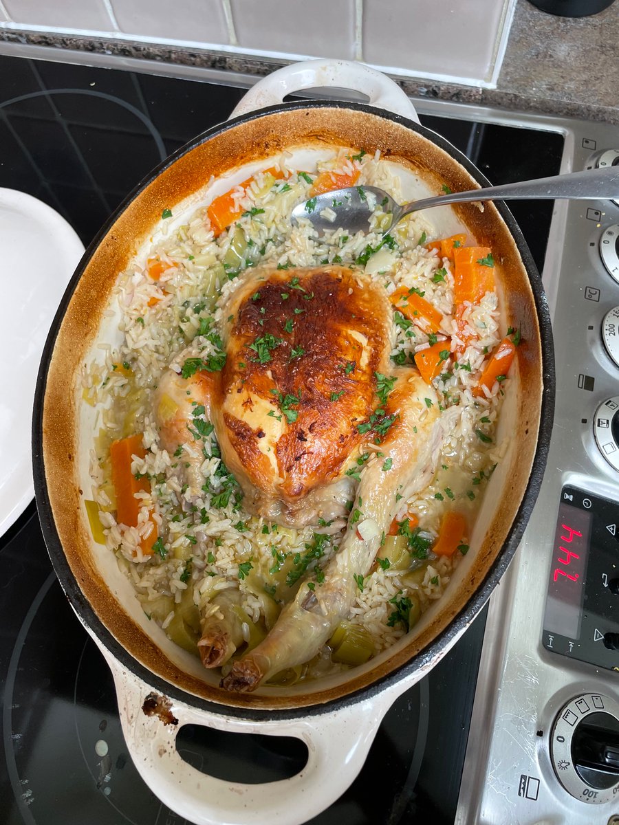 priddick's tweet image. Made @Nigella_Lawson ‘s chicken in a pot for mother’s day (rice instead of orzo as we are gf) - thumbs up all round, even from the dog. What a treat.