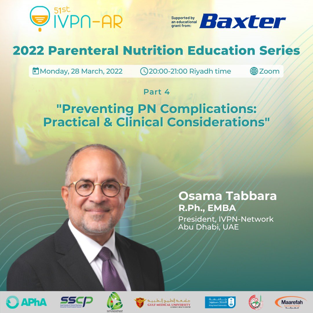 TabbaraOsama's tweet photo. Go Live tomorrow,
Register for free  at https://t.co/4e1tq4qbIY
Pharmacists, clinical nutritionists, physicians, nurses, academicians and students are welcome.
 #IVPN_Network #IVPNFindsTalents #IVPNLeadsByExample #Baxter https://t.co/ADg2rK27OQ