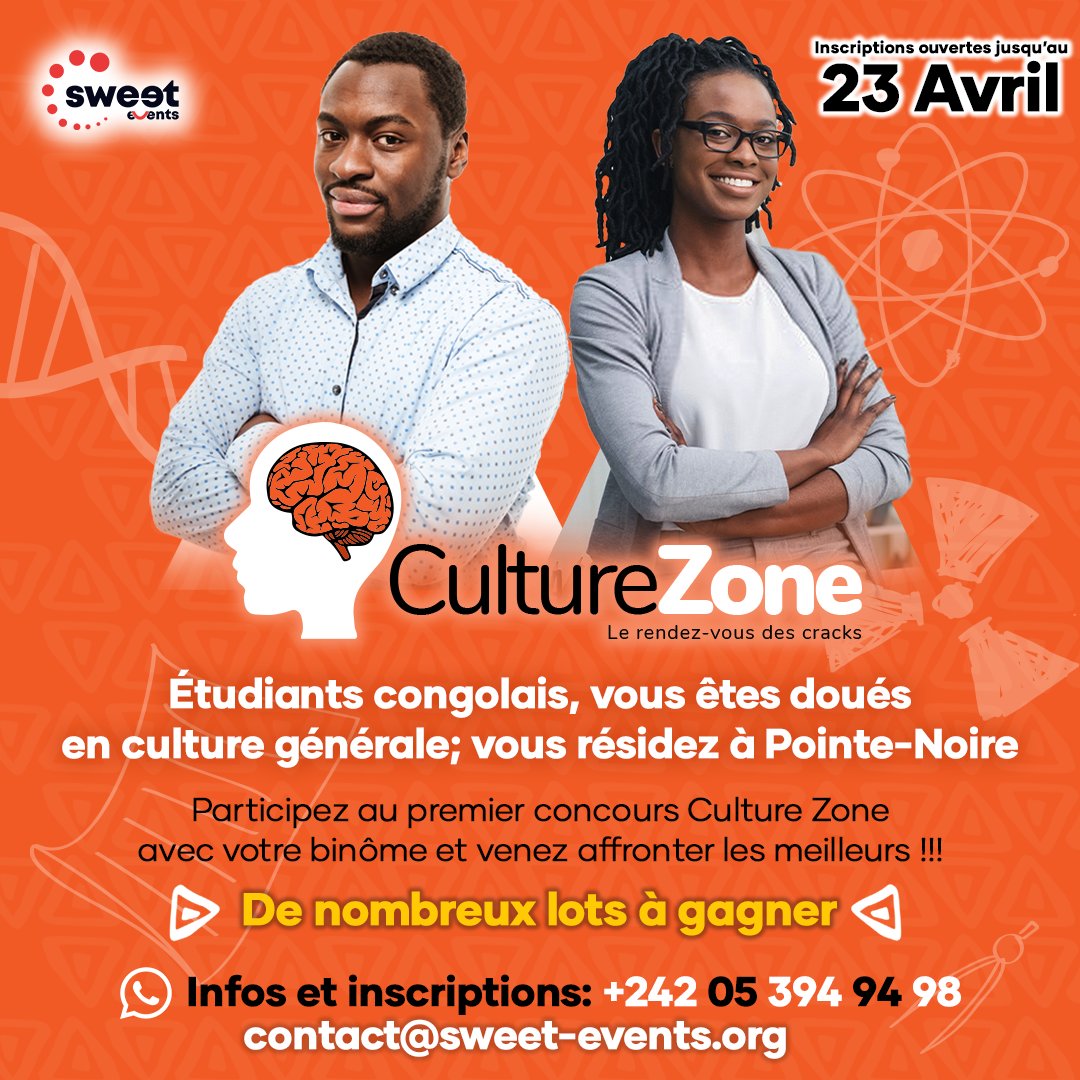 realsweetevents's tweet photo. 🚨🚨 Première édition de CULTURE ZONE ?

Etudiant(e)s, vous : aimez les défis ? avez confiance en votre intellect ? résidez à Pointe-Noire ?

Pour participer, formez une équipe de 2 personnes et inscrivez-vous.

#CultureZone #Congo #TheSweetWay #BeDifferent #ChezMoiAuCongo https://t.co/aAHEGiLuXN
