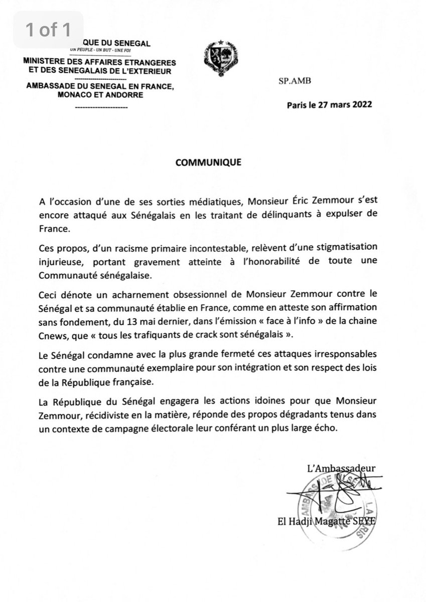ElHadjiMSeye's tweet photo. L’ambassade du Sénégal en France condamne avec fermement les propos irrespectueux et racistes de M. Zemmour

Ces propos à l’encontre de nos compatriotes en France sont extrêmement choquants. La diaspora sénégalaise représente dignement leur pays partout dans le monde.
#communiqué https://t.co/B4oQ3i3HxV