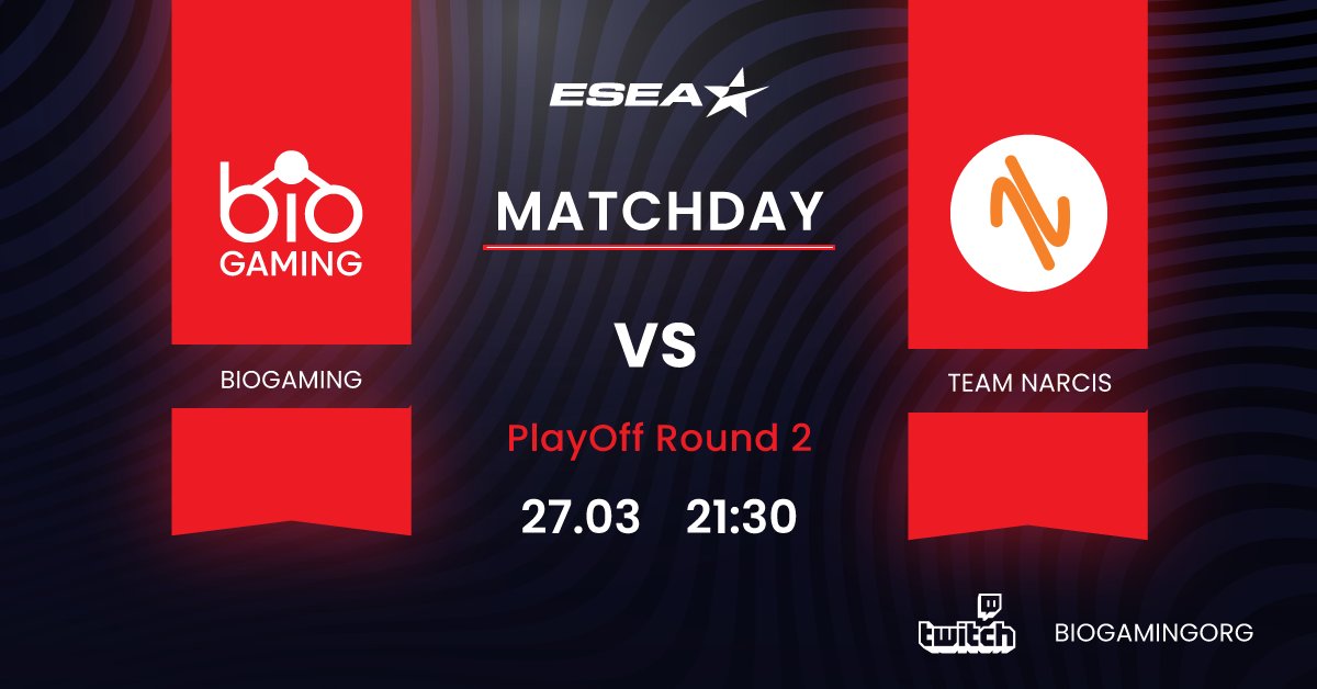👀 Tune in this evening to see the Team going in their Second <a href="/ESEA/">ESEA League</a> Open Playoff Round!

🏆 <a href="/ESEA/">ESEA League</a> Open
🆚 🇨🇿 @NarcisTeam 
📍 BO3
⌚ 21:30 EET
🎙️ <a href="/FIELD9_/">s</a> 

📺 twitch.tv/biogamingorg

#BIOGAMING #MATCHDAY #PLAYOFF #CSGO