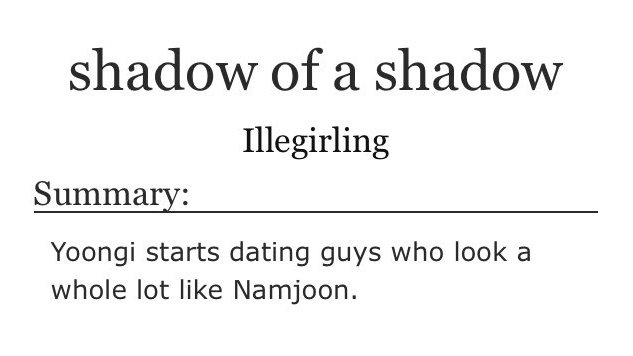 distantbluesky's tweet photo. shadow of a shadow (namgi, m, 17k) 

Yoongi starts dating guys who look a whole lot like Namjoon. 

🪞GIVEAWAY FIC FOR THE WONDERFUL @KIMLIPlNG  who gave me the INCREDIBLE prompt!
🪞hijinks and shenanigans
🪞feat: the most cursed double date of all time

https://t.co/snpI8nqKyb https://t.co/GqrM69U4qv