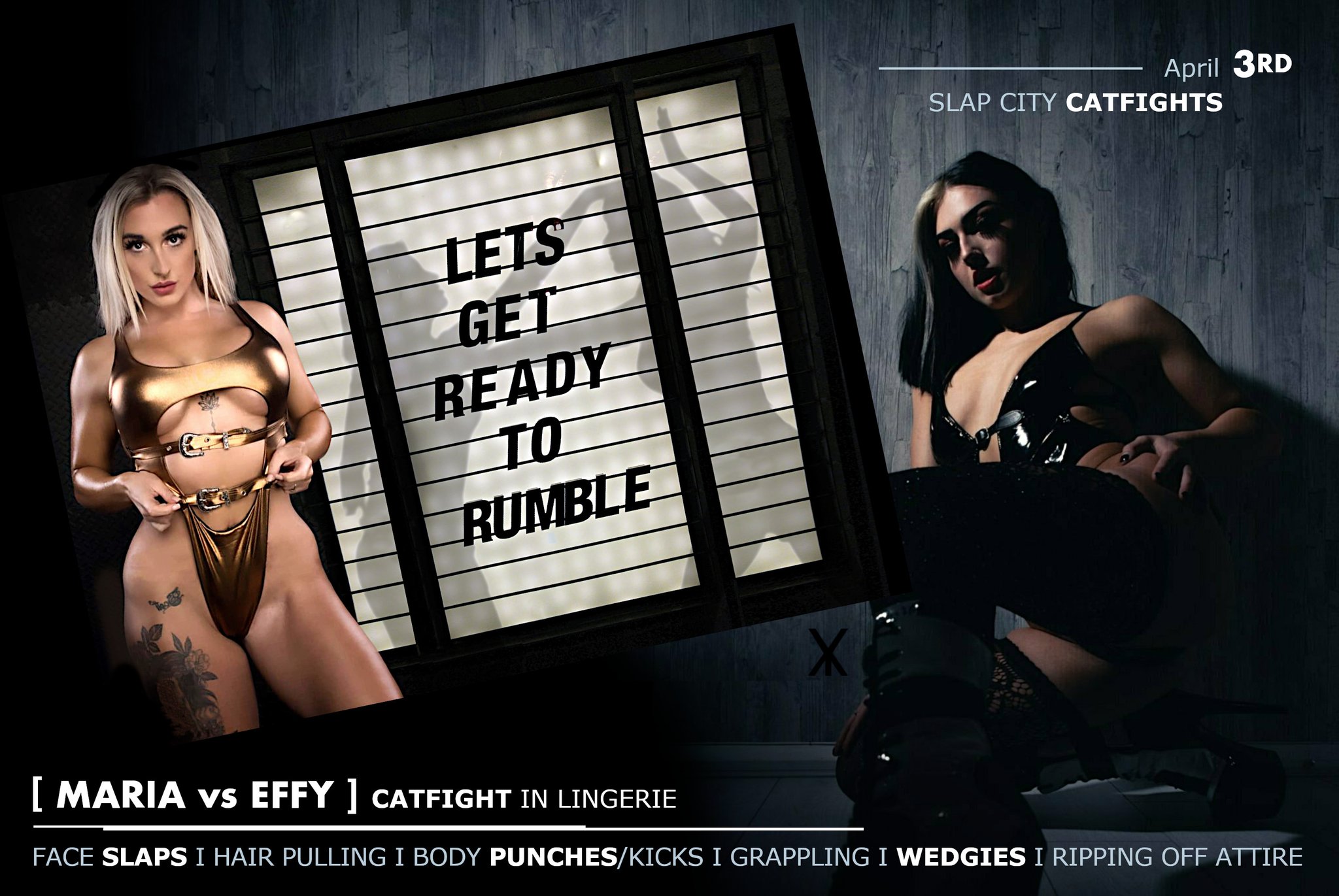 xyolop on X:  One week left to find out who'll get the #catfight winners  bonus and who'll get shredded @SlapCity6 LADIES, LET'S GET READY TO RUMBLE!  #vs @MJCatfights @StormBaby8 #final #instructions Slap hard, expect some  dirty #wedgies and ...