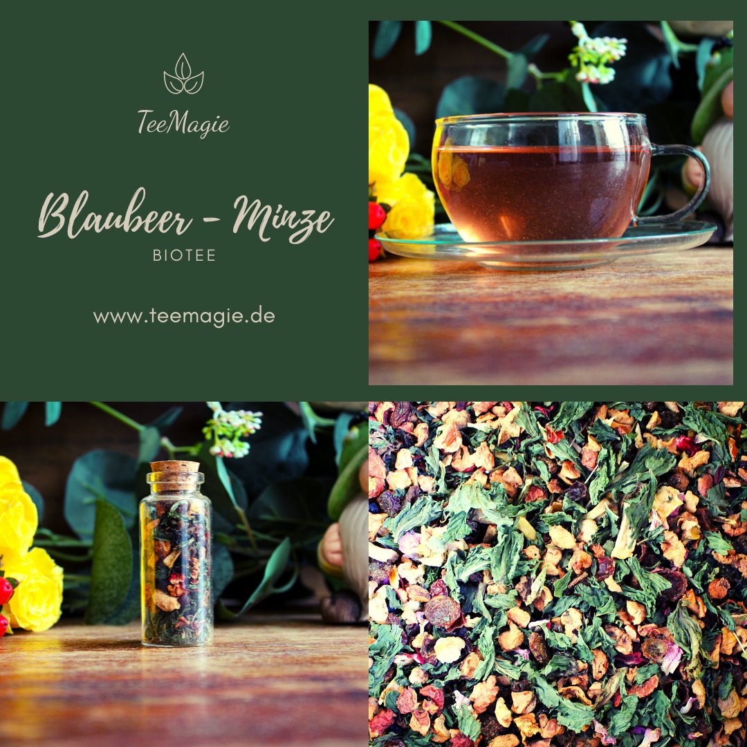 MagieTee's tweet photo. Ein frischer Minz-Geschmack trifft auf eine vollmundige Blaubeer-Note und verleiht dieser Früchtetee-Mischung so das gewisses Etwas. 
#tee #teeliebhaber #teeliebe #Gesund #Gesundheit #biotee #bio #nachhaltig   #mecklenburgvorpommern #Rostock #küstenkind #meckpom #kräuter https://t.co/hKgMzfVrtu