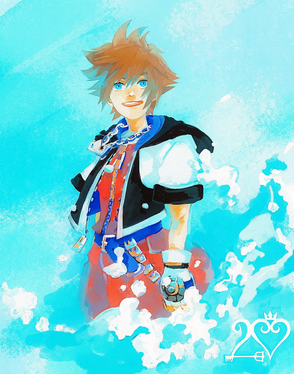 sora (kingdom hearts) 1boy male focus solo brown hair blue eyes gloves jewelry  illustration images