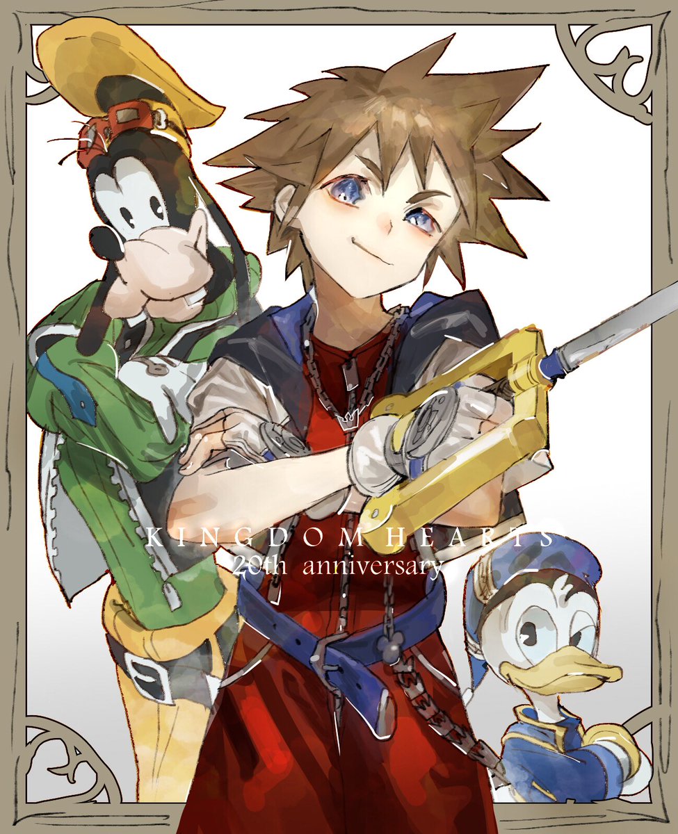 sora (kingdom hearts) brown hair gloves blue eyes male focus multiple boys spiked hair jewelry  illustration images