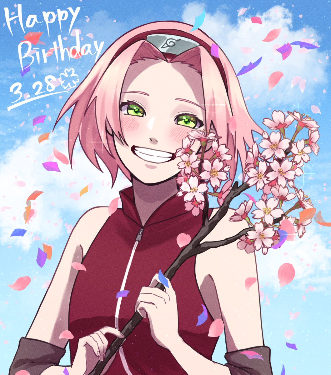 haruno sakura 1girl solo pink hair smile green eyes happy birthday grin  illustration images