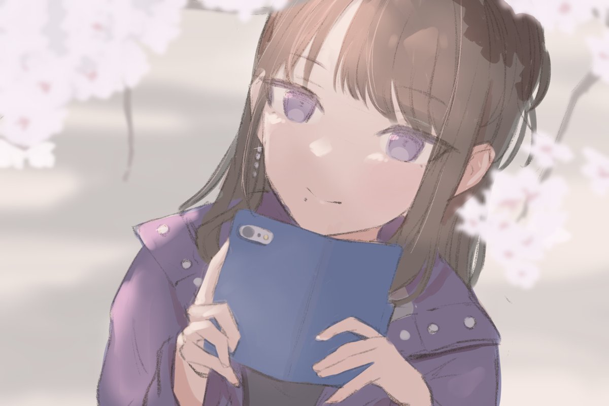 kazano hiori 1girl solo mole under mouth mole jacket purple jacket holding  illustration images