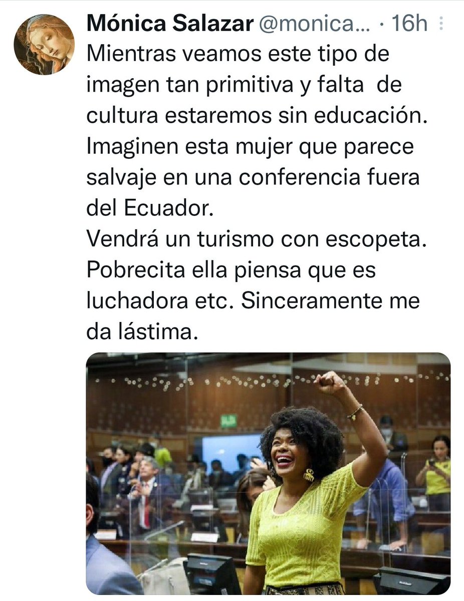 PaolaCabezasC's tweet photo. A los racistas hay que exponerlos, porque sus argumentos anulan la convivencia democrática y exponen su primitivo neofacismo. A la derecha ecuatoriana le molesta que negras como yo tengamos una voz fuerte para combatirlos. Háganle un favor a Twitter y denuncien a @monicasalazar13 https://t.co/I1ezBMICcd
