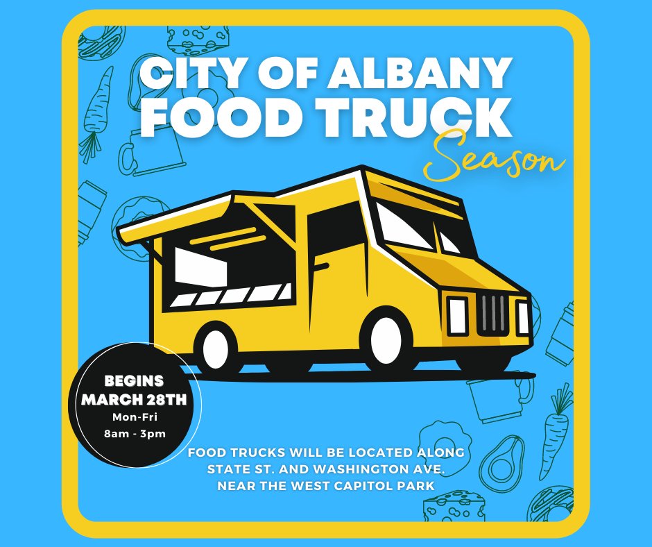 ParkAlbany's tweet photo. It’s officially #FoodTruck Season in #Albany! Food trucks will begin returning to the West Capital Park on March 28th, vending hours are 8am-3pm Mon–Fri

Interested in vending in the #CityofAlbany? Contact the city clerk’s office at cityclerk@albanyny.gov for details! https://t.co/KOrtXmRm79