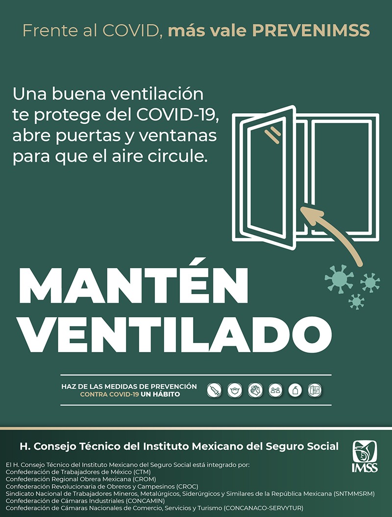Frente al Covid-19 sigue estas recomendaciones: 
-Una buena ventilación te protegerá del Covid-19, abre puertas y ventanas para que el aire circule. 
Haz de las medidas de prevención contra el covid-19 un hábito. No bajes la guardia, esto aún no se acaba