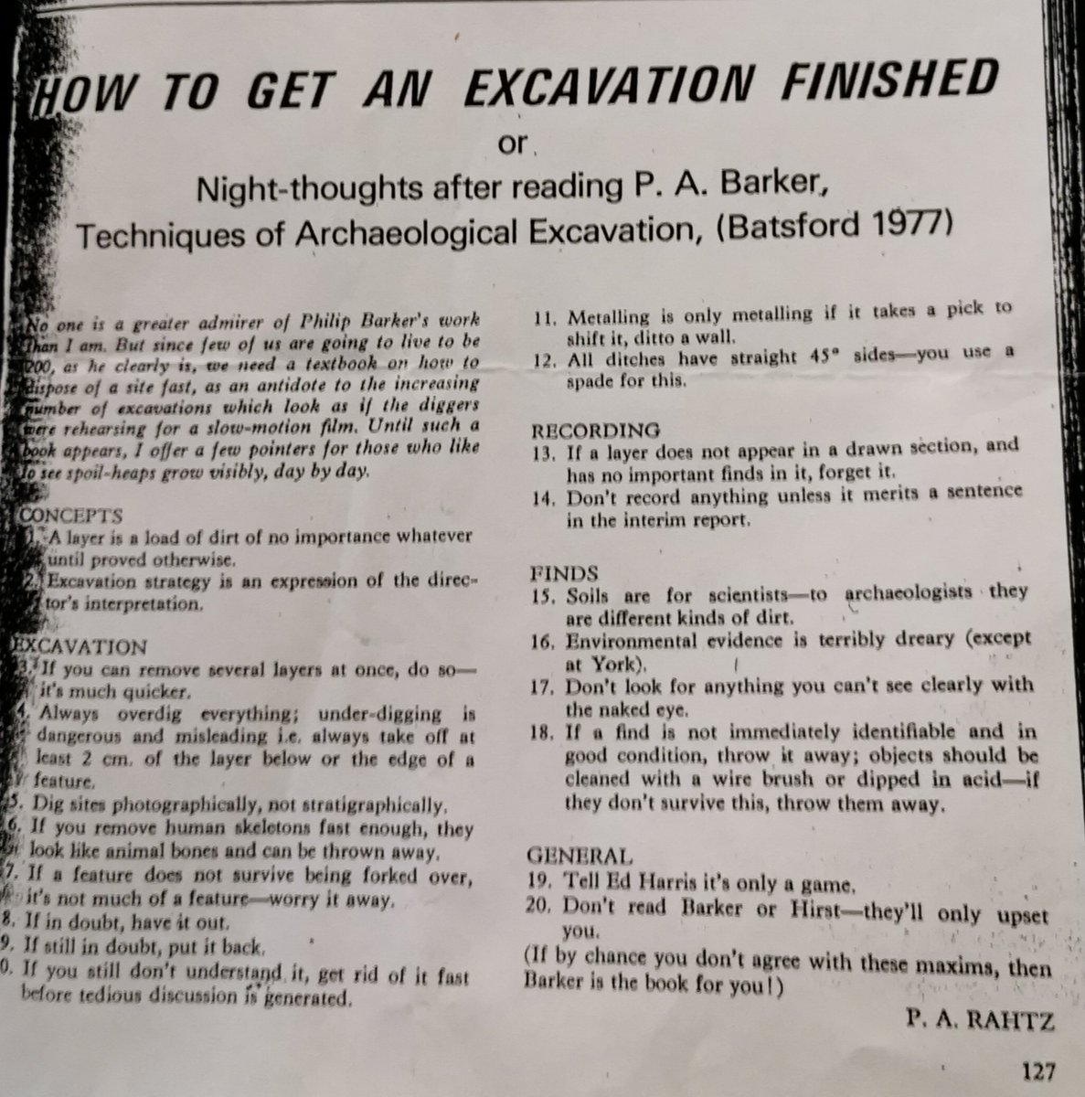 BirgittaHoffman's tweet photo. Voices from the Past: This is Philip Rahtz' lighthearted review on one of the best British Excavation 'manuals' of the 1970s, written by the excavator of Wroxeter and Esewhere in Shropshire. Enjoy the 'wisdom of the ages' . LOL. #archaeology. https://t.co/XDvUbJeO2C