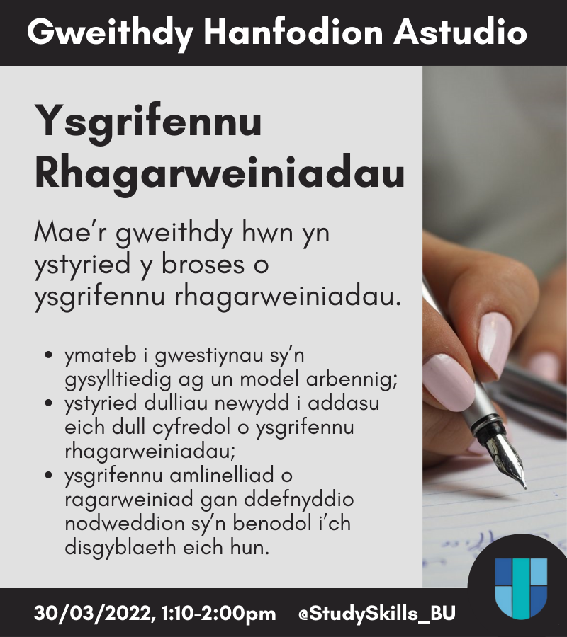 StudySkills_BU's tweet photo. Gweithdai yr wythnos yma! 
This week's workshops! 

Ysgrifennu Rhagarweiniadau
Writing Introductions
30/03/22 1:10pm

Archebwch eich lle yma: https://t.co/lw5RuTW4ih
Book your place here: https://t.co/PxqC46z4Jf https://t.co/IvCR1l4HOu