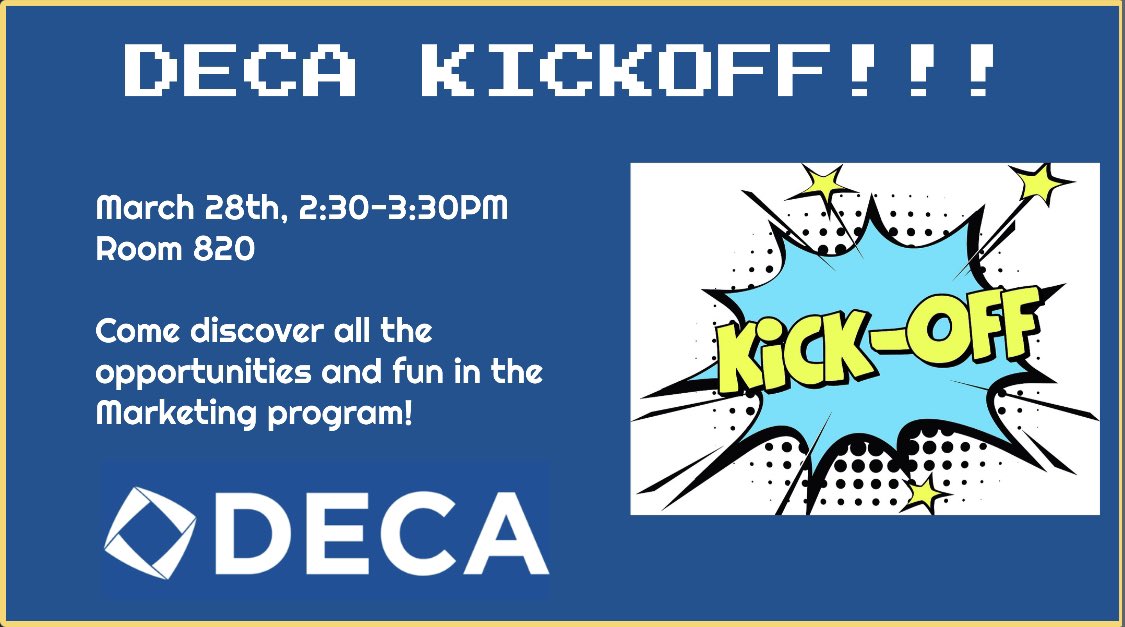 MaricopaDECA's tweet photo. DECA KICKOFF!! March 28th, 2:30-3:30PM, room 820🔹 https://t.co/sZzilwDima