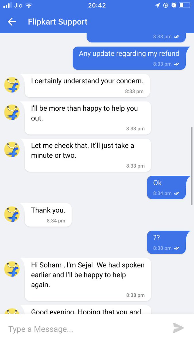 PopoSoham's tweet photo. After 10 days of no response/update from  Flipkart customer service, this is @Flipkart ‘s support.
@flipkartsupport @_Kalyan_K 
Fix your broken app and your customer service. 70% of them have literally no clue regarding how the app functions. https://t.co/exdiLkE7xi
