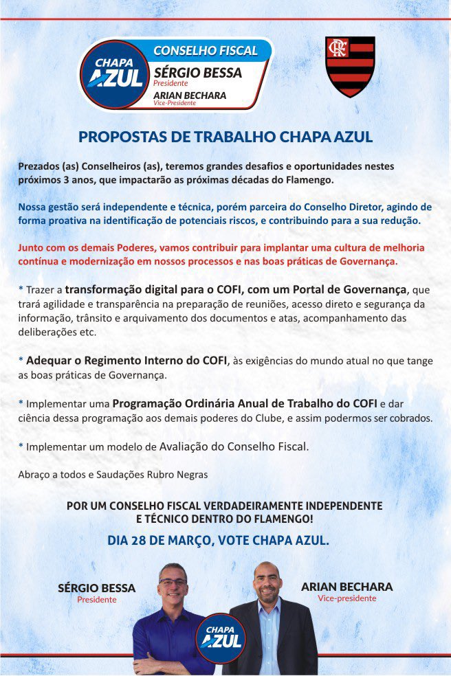 Nesta segunda (28), faça a sua escolha para o #ConselhoFiscal compare os currículos, e vote no que você acha que será melhor para o nosso #Flamengo 

#ChapaAzul 🔴⚫️🔵
COMPETÊNCIA E INDEPENDÊNCIA.