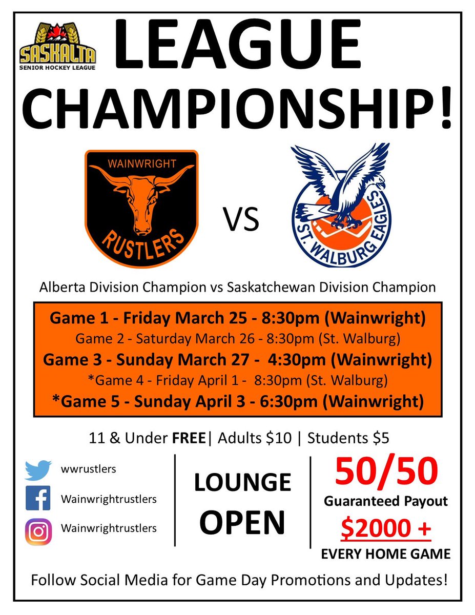 WWRustlers's tweet photo. It’s Game Day!!
Game 3 of the SaskAlta league final vs @stw_eagles this afternoon in @TownWainwright 4:30pm Puck Drop.
Series tied 1-1
💰Guaranteed 50/50 Payout - $2000.00+
🍻 Lounge OPEN featuring @RibstoneCreek
📺YouTube Live: https://t.co/XxyQwKXTQe
#WWRustlers https://t.co/VhB0BGquHV