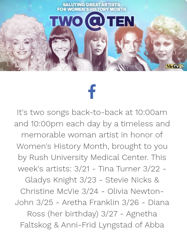 VenusInMomJeans's tweet photo. Saluting Great Artists for #WomensHistoryMonth #TwoAtTen on the radio at 10am and 10pm
@MeTVFM 87.7FM https://t.co/fBT7nll9Ay
Saluting #AgnethaFaltskog & #AnniFridLyngstad!!! of ABBA
For 10am @MeTVFM played #MammaMia and #Waterloo. (I'm trusting Me on spelling of their names) https://t.co/AN6xEJEHoy