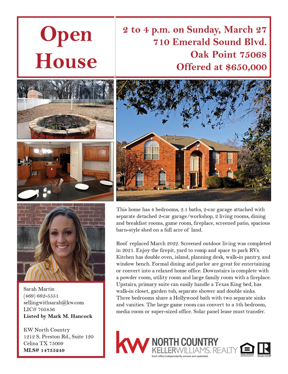 Go see Sarah Martin today. She's hosting an Open House at 710 Emerald Sound Blvd. in Oak Point 75068 from 2-4 pm today! MLS# 14755249 is offered at $650,000

dfwmark.kw.com/property/LST-6…

#DFWmark #REALTOR #OpenHouse #house #home #OakPoint #DentonCounty #Acre #land #LargeYard #RVSpace