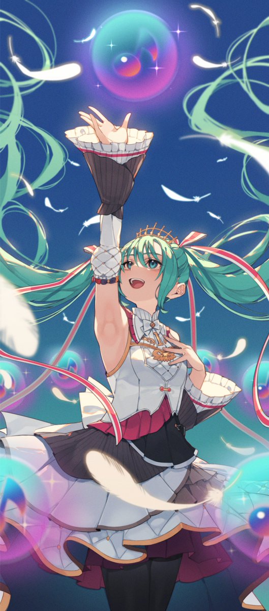 hatsune miku 1girl solo twintails long hair detached sleeves hand on own chest armpits  illustration images