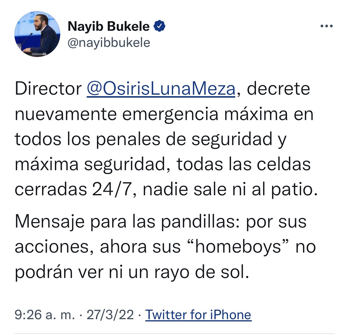 Presidente <a href="/nayibbukele/">Nayib Bukele</a> ordena alerta máxima en todos los penales, tras la oleada de violencia atribuida a las maras y el régimen de excepción decretado en respuesta a la escalada sangrienta.