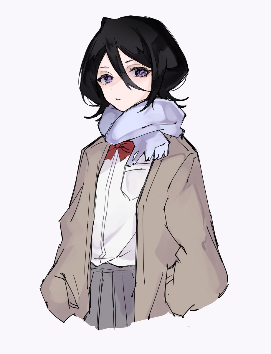 kuchiki rukia 1girl scarf solo black hair skirt hair between eyes white background  illustration images