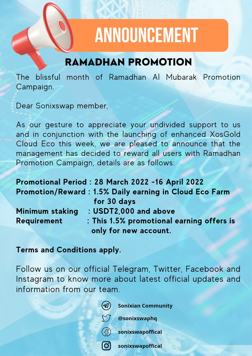 Welcome Ramadhan Al-Mubarak. Please be inform that Ramadhan Promotion Campaign will be held starting from 28/3 to 16/4. Enjoy 1.5% daily earning for 30 days with a minimum 2000USDT new staking using new account/wallet.
