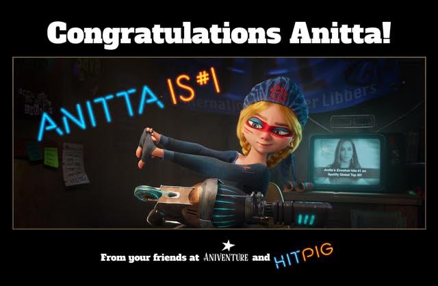 Congratulations <a href="/Anitta/">Anitta</a> on being the first Latin woman AND only Brazilian artist to have a global number one single! 

Catch Anitta in our upcoming animated feature HITPIG 🐽 #AniventurePresents #Hitpig @anitta