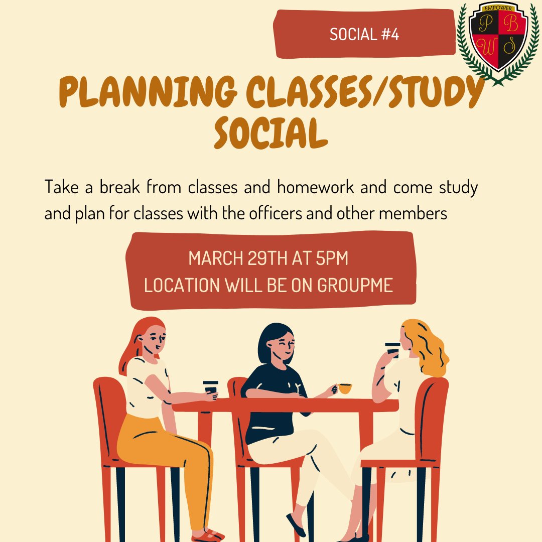 PBWS_UTSA's tweet photo. Our 4th upcoming social will be a planning classes/study social. Take a break from classes and work and come plan for classes for the next academic term. It will be on Tuesday, March 29th at 5pm. Can't wait to see everyone there!

#pbwsutsa #utsastudents #utsacob https://t.co/gU6kAYmFge