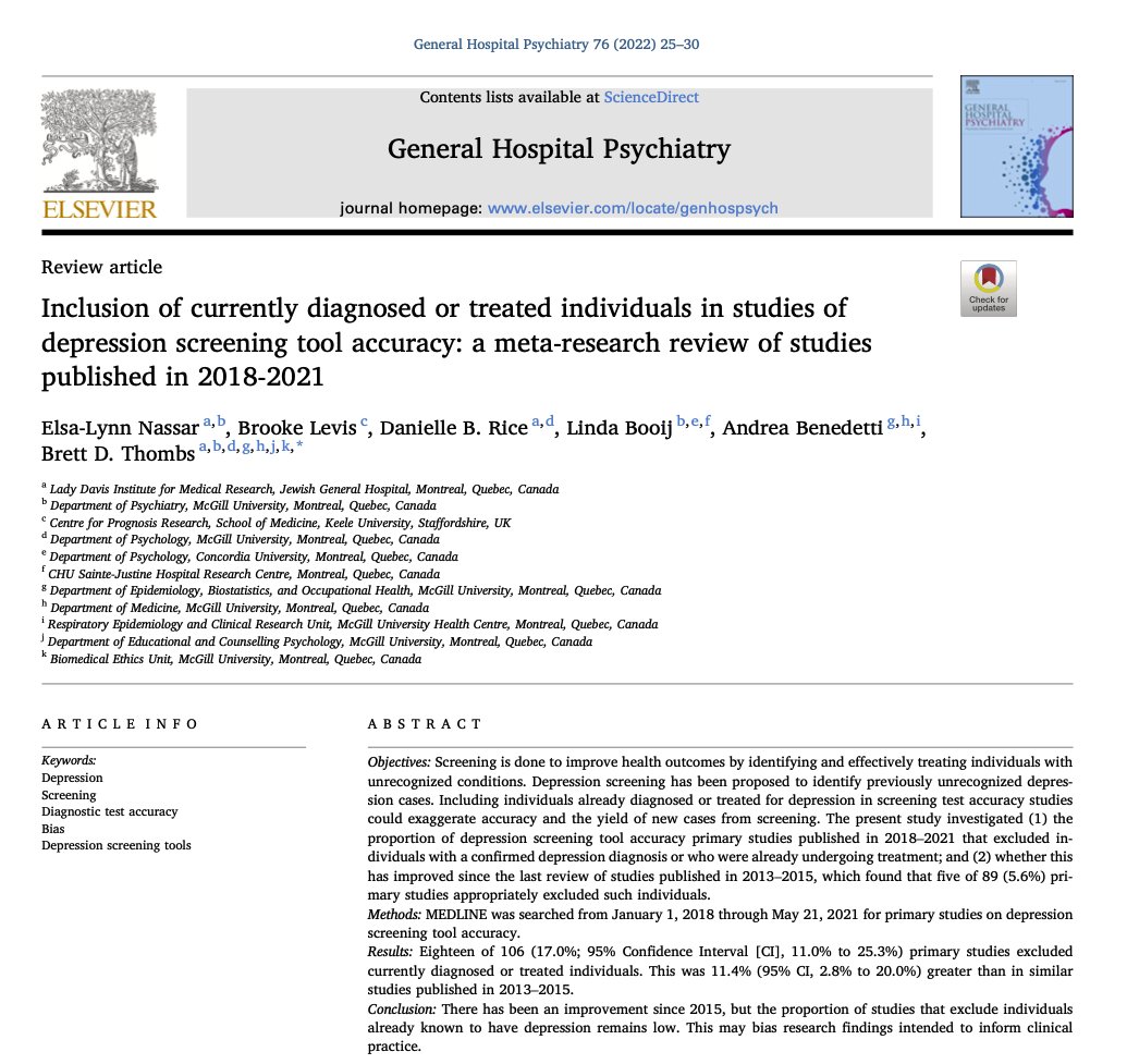 Elsa-Lynn Nassar (@elsanassar_) on Twitter photo đ¨New paper out in <a href="/GHP_Journal/">General Hospital Psychiatry</a>!
In practice, #depression #screening aims to identify unrecognized depression cases. Yet, only 17% of recently published depression screening accuracy studies appropriately excluded recognized cases. This may #bias findings for use in practice. đ¨New paper out in <a href="/GHP_Journal/">General Hospital Psychiatry</a>!
In practice, #depression #screening aims to identify unrecognized depression cases. Yet, only 17% of recently published depression screening accuracy studies appropriately excluded recognized cases. This may #bias findings for use in practice.