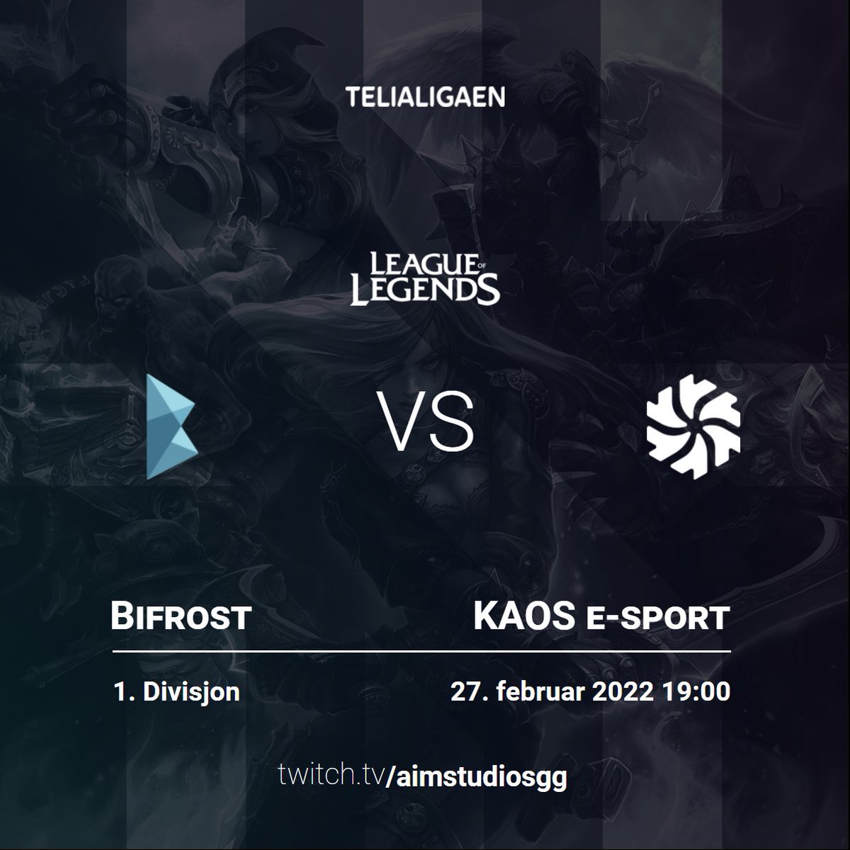 Vi sender kampen mellom Bifrost og <a href="/KAOSesport/">KAOS</a> idag kl. 19:00 på: twitch.tv/aimstudiosgg

Casters:
<a href="/AdvMasterMixer/">ZPG MasterMixer</a> - <a href="/Lonerjia/">Oscar "Loner"</a> - <a href="/LoLThinked/">-{ i }-</a>