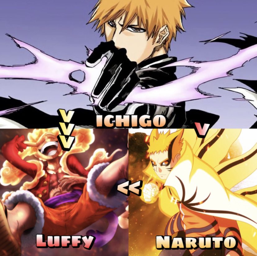ObigoatO's tweet photo. I can now admit as a Bleach and Naruto fan that Luffy still gets his shit rocked by Naruto and ichigo and its  not even close.. Luffy meat riders will say otherwise but we all know Luffy will salways be the weakest in the Big3😭 https://t.co/Yd5fubhIHS