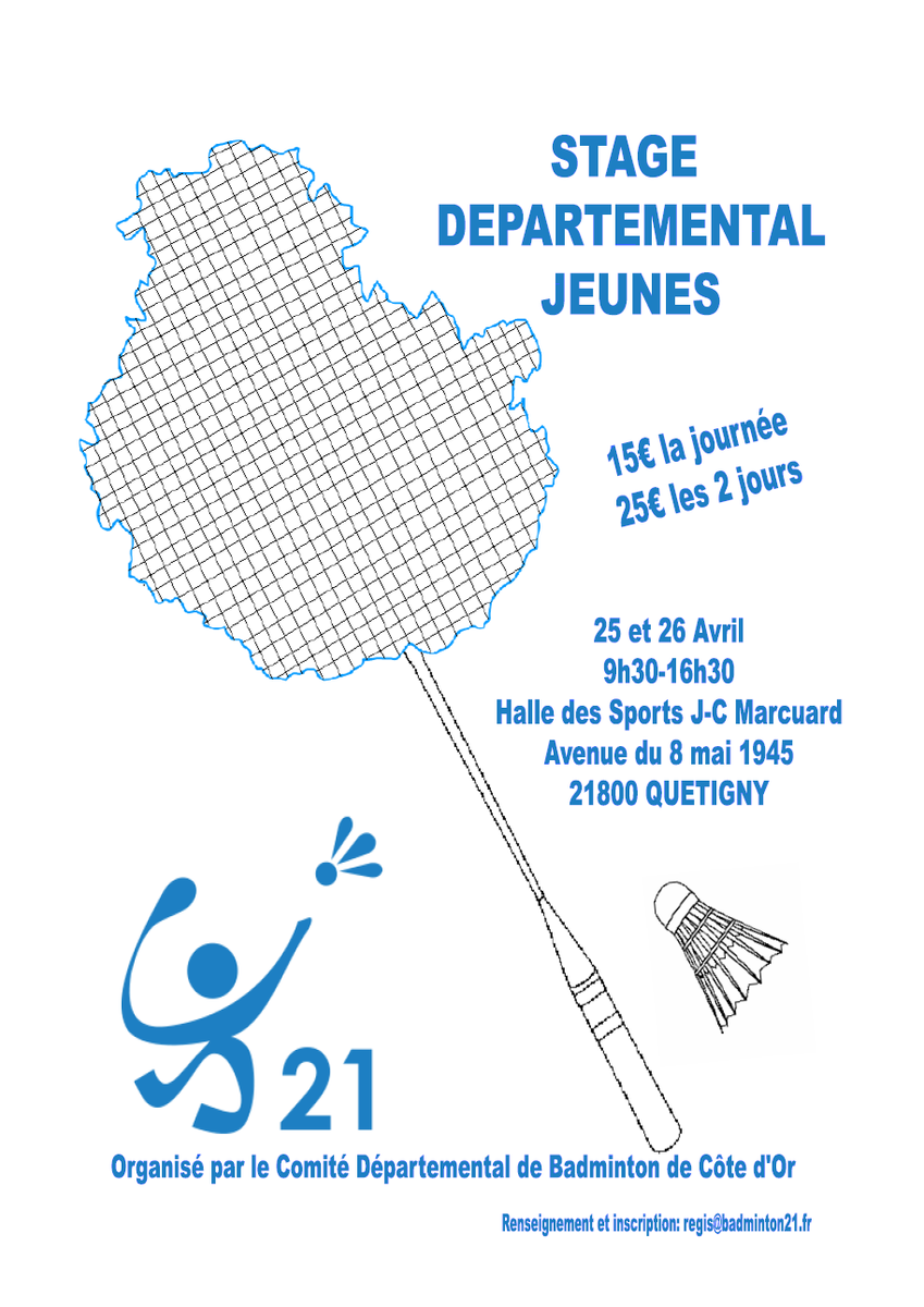 Badminton21's tweet photo. 📢 Stage départemental Jeunes 25-26 avril 2022 !
Merci à l'@ASQBad pour l'accueil.
Toutes les infos sont à retrouver sur notre site :
🔗 https://t.co/Viem532R5q https://t.co/eLjj9qeXeI