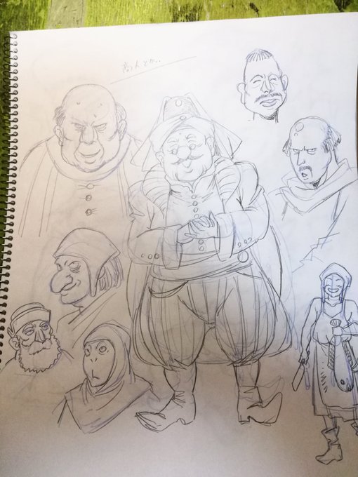 今日は休養日だが明日渡しの新連載用のキャララフ第1段を描いてる。モブである街の人々や獣人たち。獣人の自分縛りとして二足歩行、目鼻口がちゃんと付いてて、マスクやボンベみたいな機械的補助装置をつけないこと。ゴブリンは最初の頃の討伐相手。ある程度の武装はさせようかと‥ 