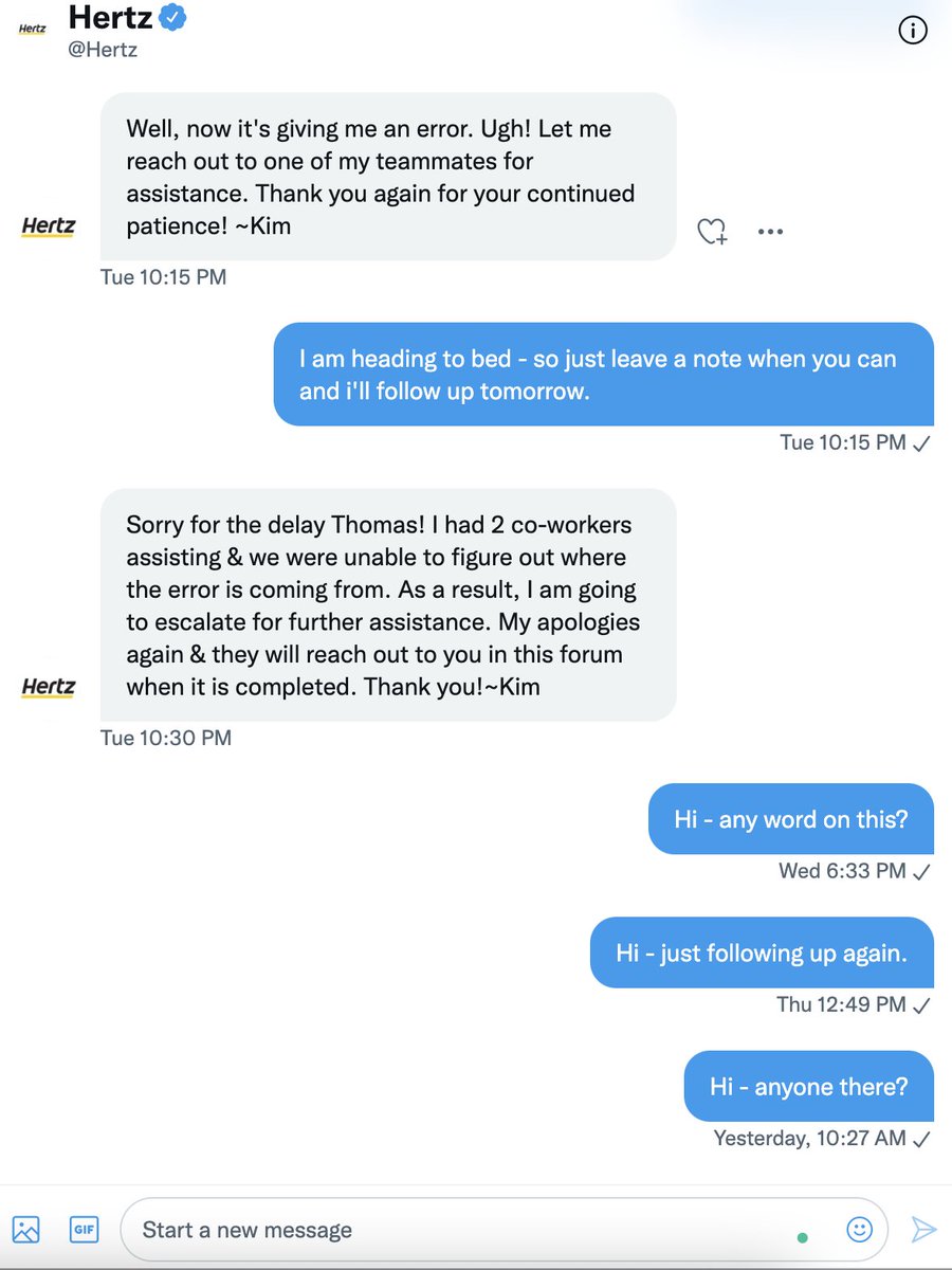 thaslett's tweet photo. @Hertz I couldn't book through your website, mobile app, or phone number.  Then I get completely ignored on Twitter DM after your own reps can't book my reservation either.   As a President Circle member - should I not expect better service? https://t.co/FYDTglsdAi