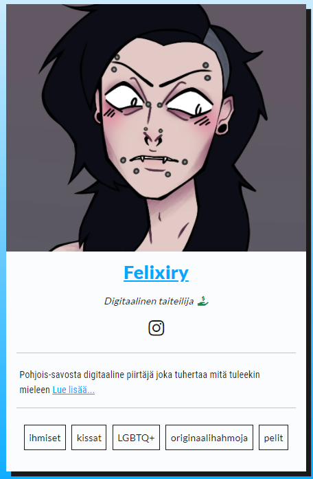 taidekuja's tweet photo. Esittelyssä: Felixiry
Digitaalinen taiteilija

Piirrän vapaa-ajallani omia hahmoja, eri sarjoista/peleistä hahmoja, ja joskus eläimiä/turreja

https://t.co/pozqqR15MR https://t.co/cxCsNkkKkk