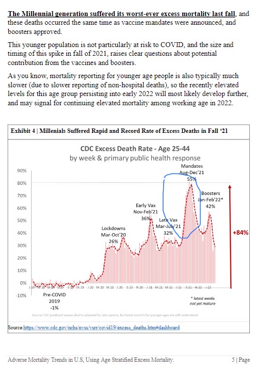 We call this the money chart…the rate of change (blue) in excess millennial deaths can’t be explained by suicides, drug overdoses &amp; cancer deaths. The only thing that happened for this cohort was mandates.