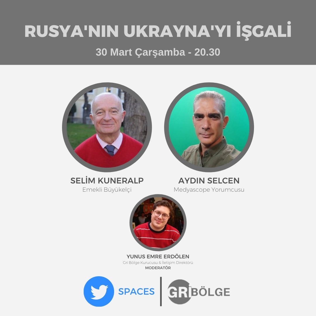 gribolgeorg's tweet photo. Rusya’nın Ukrayna’yı İşgali 

🗓30 Mart Çarşamba
⏰20.30
📍Twitter Spaces

Konuklarımız: 

-Selim Kuneralp (@kuneralpS)

-Aydın Selcen (@AydnSelcen)

-Moderatör Yunus Emre Erdölen (@yunuserdolen) https://t.co/9EbnC1Szk8