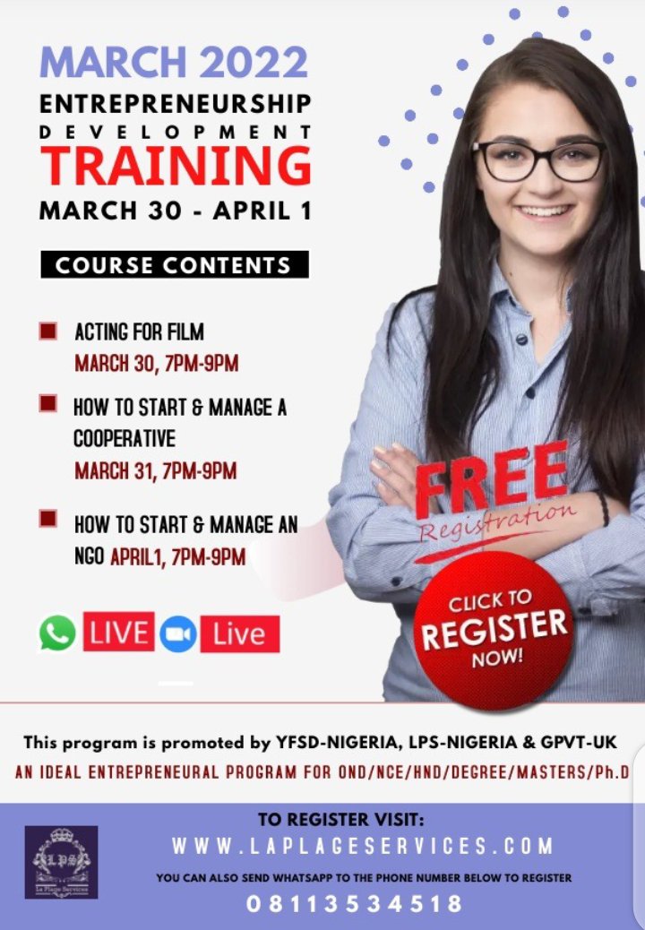 changed_nigeria's tweet photo. WELCOME TO THE MARCH 2022 BUSINESS CLASS

TOPICS &amp; DATE

1 ACTING FOR FILM
March 30

2 HOW TO START &amp; MANAGE A COOPERATIVE
March 31

3 HOW TO START &amp; MANAGE AN NGO
April 1

To join above entrepreneurial development programs use the link below

https://t.co/yS0cvYohqT https://t.co/sZtbUvPiIk