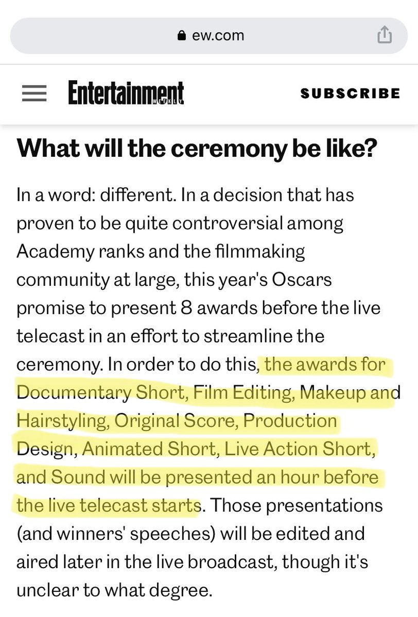 MirandaTubz's tweet photo. #Oscars
I feel bad for the categories that won’t get recognized during the show. They work extremely hard to achieve this and not acknowledging them is disappointing.

@EW https://t.co/0cQPjtcl5F