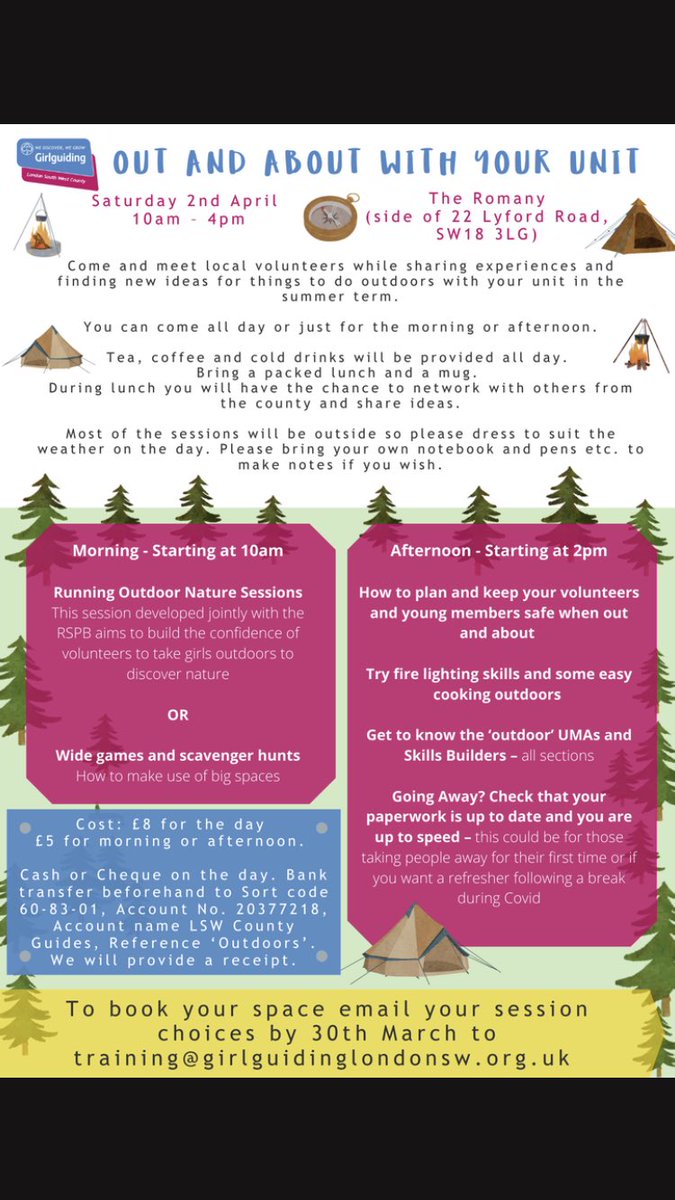 Places still available to join the ‘Out and About with your Unit’ training on 2nd April. Book by emailing - training@girlguidinglondonsw.org.uk All Girlguiding volunteers welcome