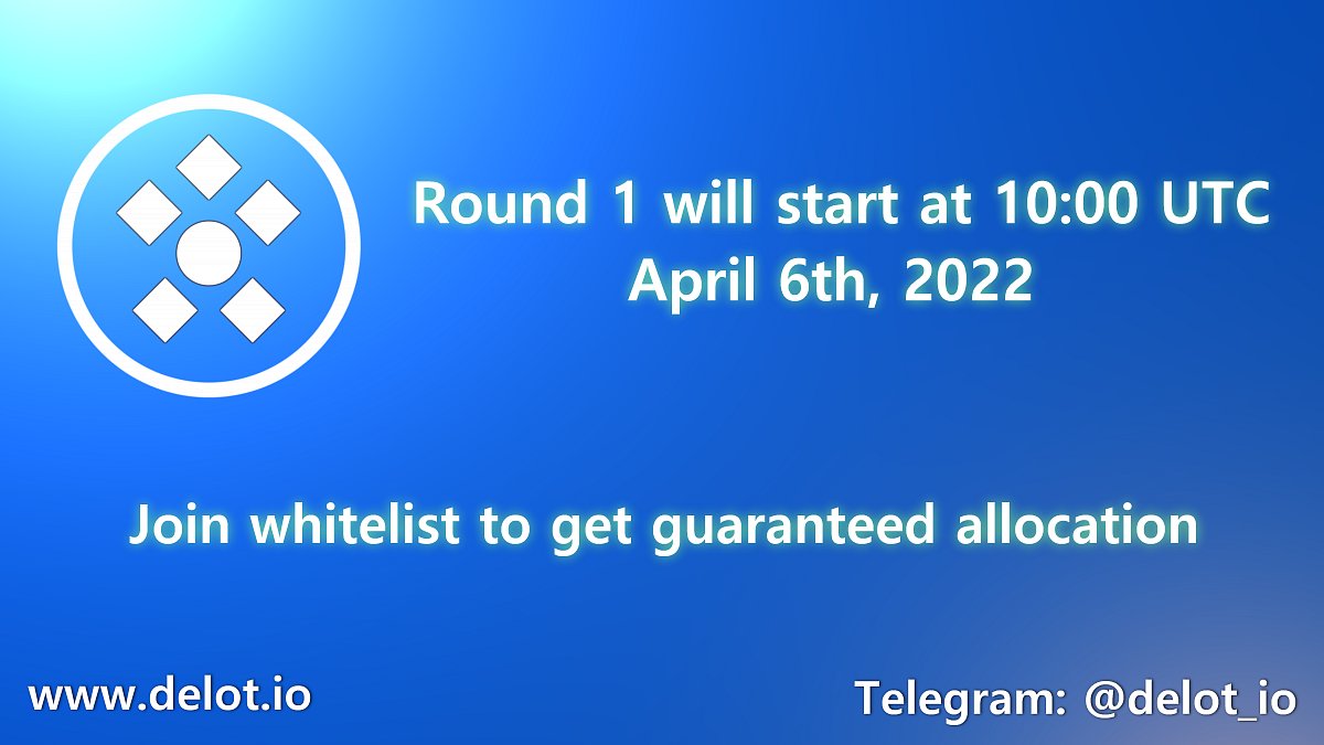 We've updated the Presale: app.unicrypt.network/amm/pancake-v2…

FCFS round: April 6th, 2022.

Whitelist: giv.gg/delot-presale-…

$DELOT is audited by <a href="/SolidProof_io/">SolidProof.io Official</a>
Team KYCed by <a href="/SolidProof_io/">SolidProof.io Official</a>

x.com/SolidProof_io/…

#BSC #BSCGem #BNBChain #binance #BinanceSmartChain #PRESALE #Whitelist